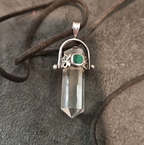Quartz Point In Sterling Silver Healing Crystal Pendant Faceted Inset Malachite