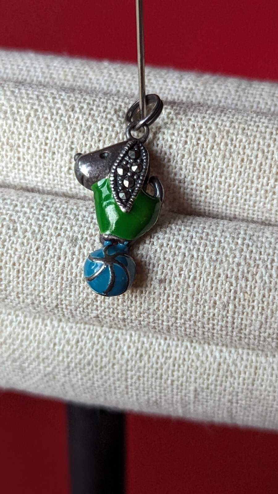 Vtg Sterling Silver 925 Dog Charm Pendant Puppy Circus Ball Green Blue Enamel