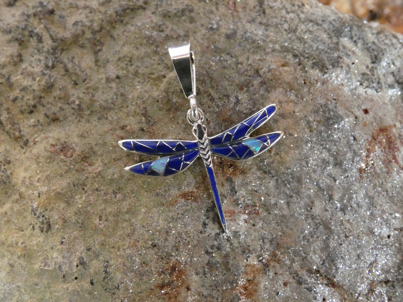 Lapis & Opal Dragonfly Handcrafted Sterling Silver 925 Petite Pendant S61 NEW