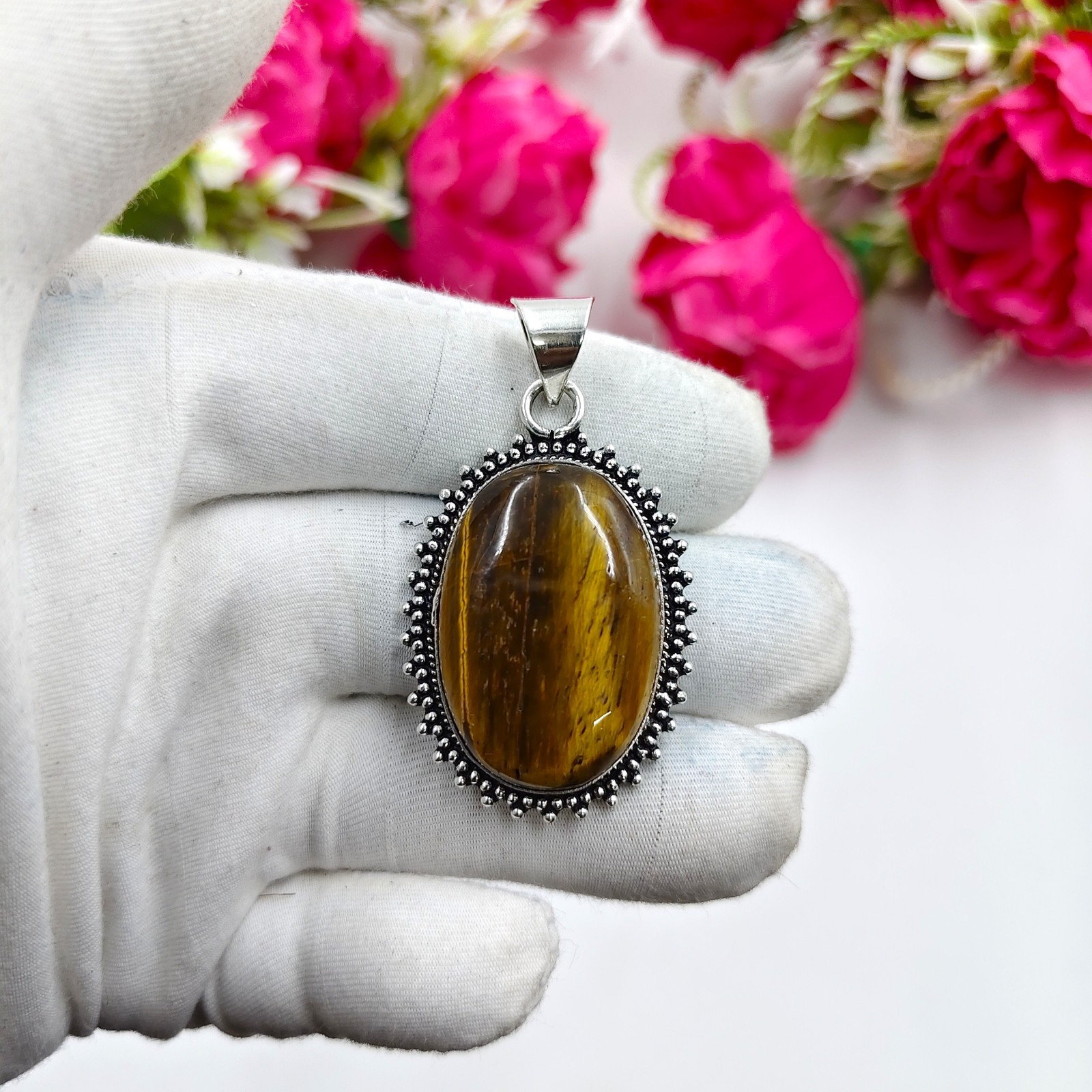 Brown Tiger’s Eye Gemstone 925 Sterling Silver Jewelry Pendant Size-1.65″