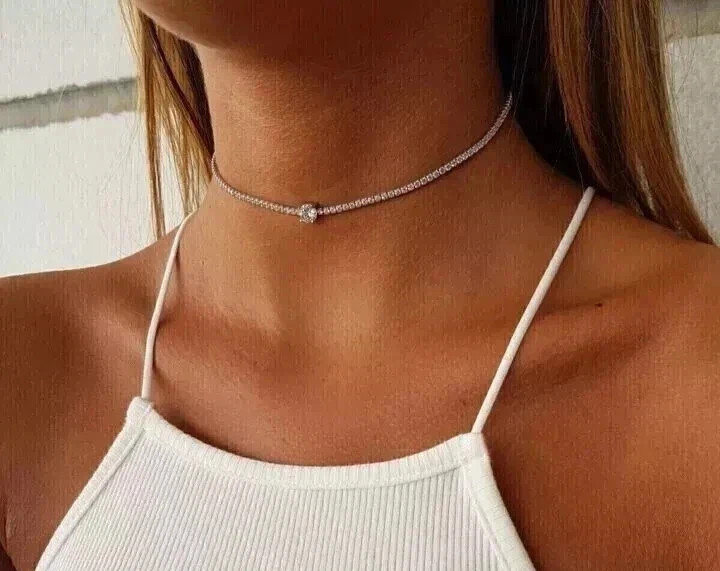 15TCW Round Cut Lab Created Diamond 14K White Gold Plated Tennis Choker Necklace