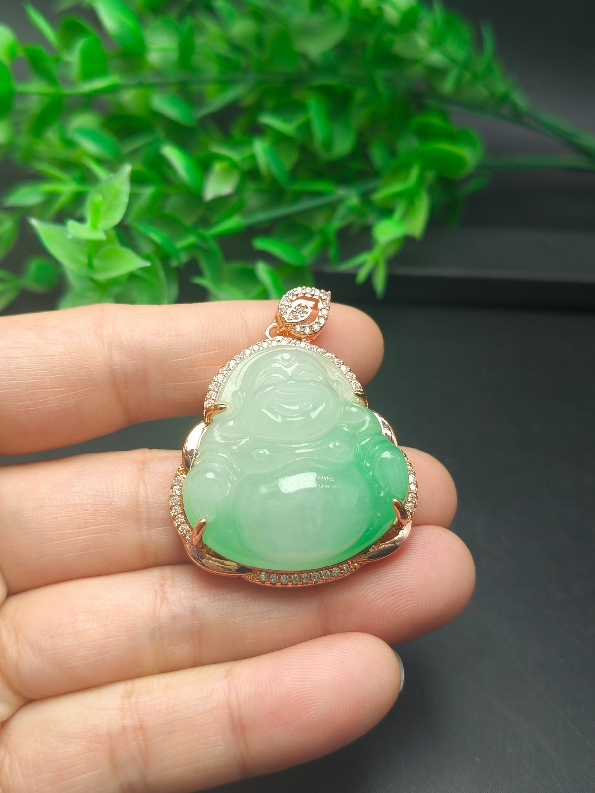 Natural Jadeite light green Carved Smiling Buddha Lucky Pendant 笑佛