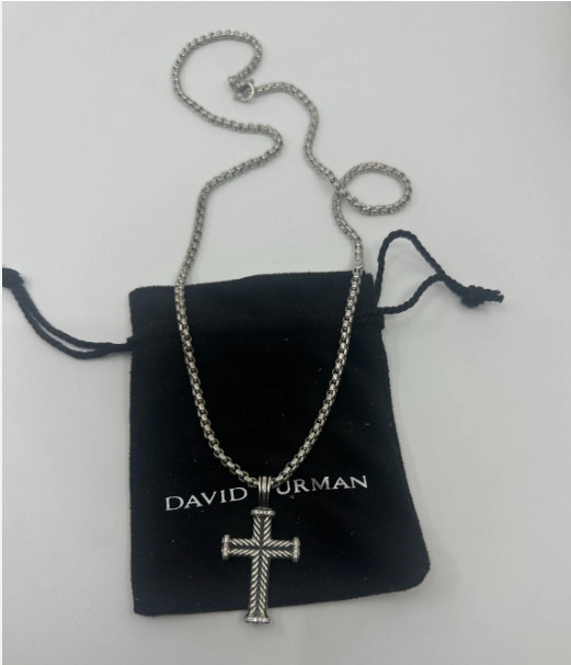 David Yurman 925 Silver Chevron Cross Necklace 24″ with Diamonds