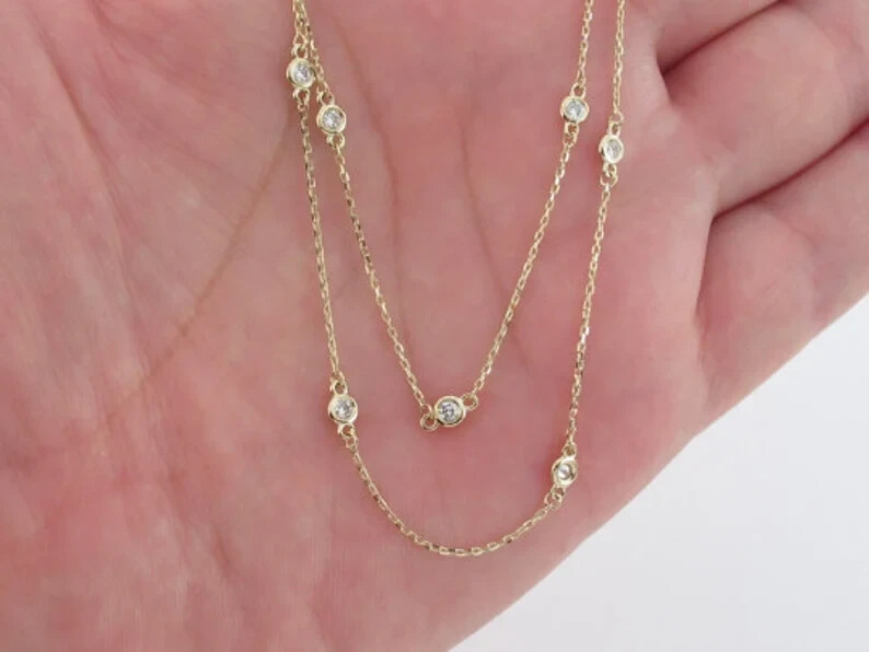 GIA Pass 0.43Ct Natural Diamond By The Yard Station Necklace 14k Yellow Gold 18″