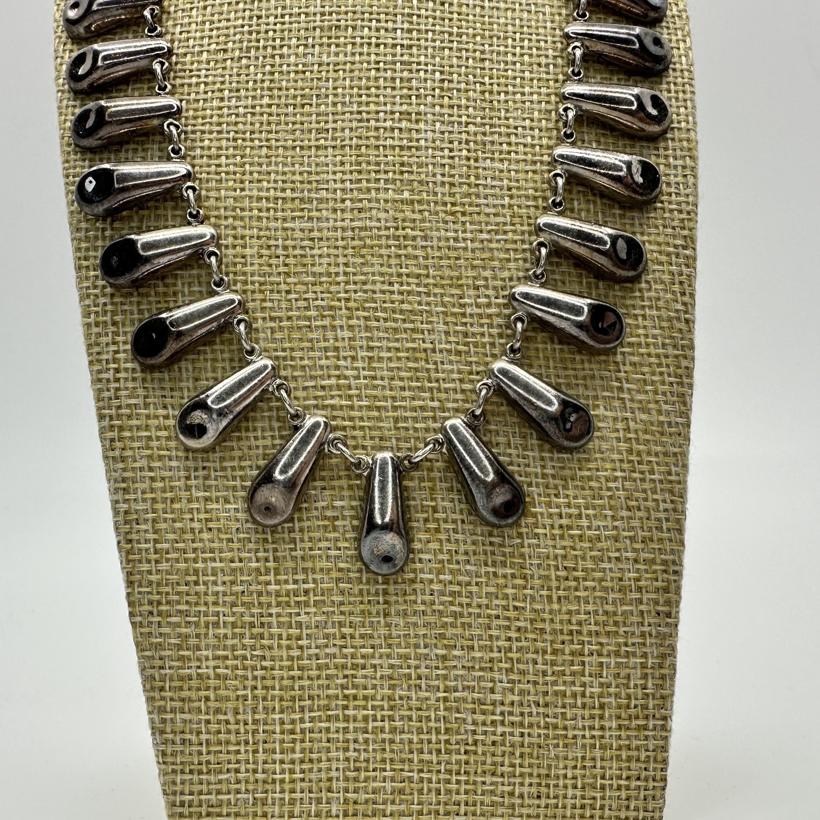 Mexico 925 Sterling Silver Teardrop Fringe Bib Necklace 53.6g 16 Inch