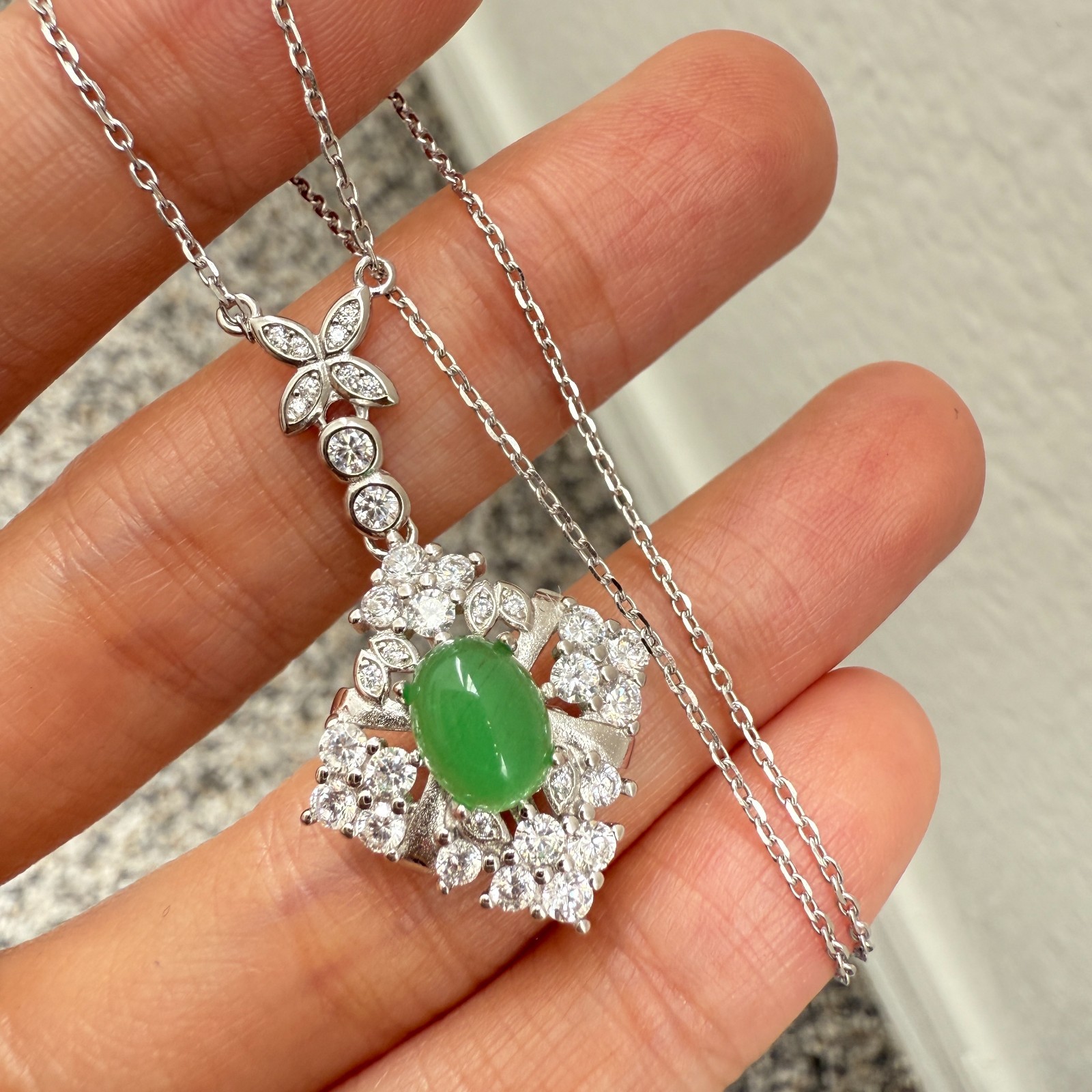 925 Sterling Silver Necklace 8x6mm Natural Emerald Gemstone Zircon Flower Chain