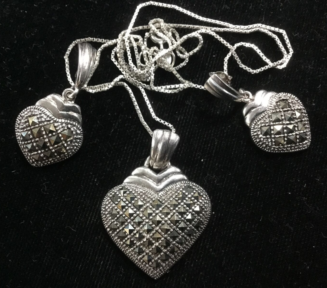 Vintage Marked 925 Silver and Marcasite Pendant and Earrings Set Stamped TH SU