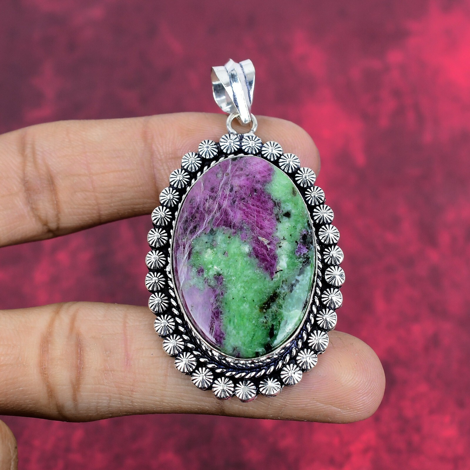 Ruby Zoisite Gemstone Handmade 925 Sterling Silver Pendant Jewelry