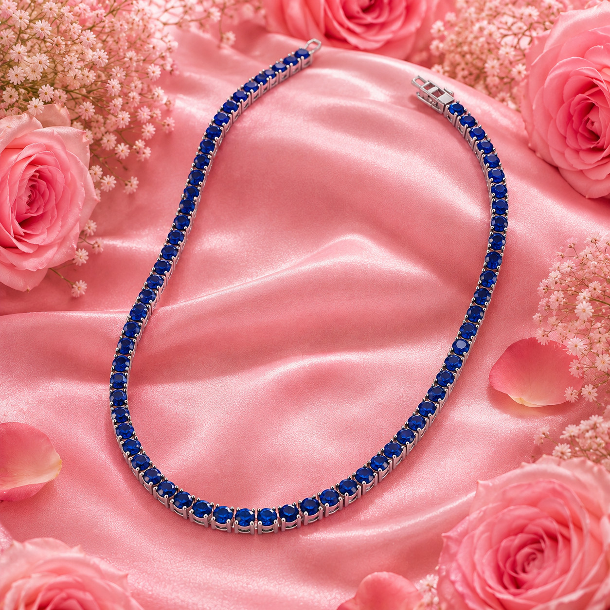 6mm Round LabCreated Blue Sapphire Tennis Necklace SZ 18″ 14K White Gold Plated