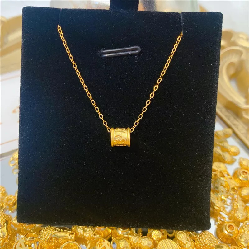 1pcs Pure 999 24K Yellow Gold Women 3D Lucky Six Words Long Tube Bead Pendant