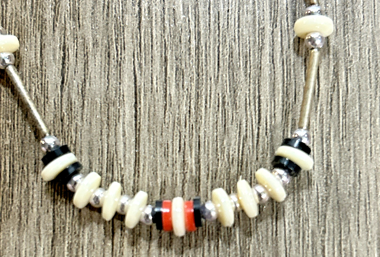 Southwestern Choker Liquid Sterling Silver/Orange Black White Bead Necklace 16”