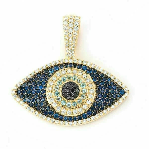 2 Ct Lab-Created Blue Diamond Evil Eye Charm Pendant 14k Yellow Gold Plated