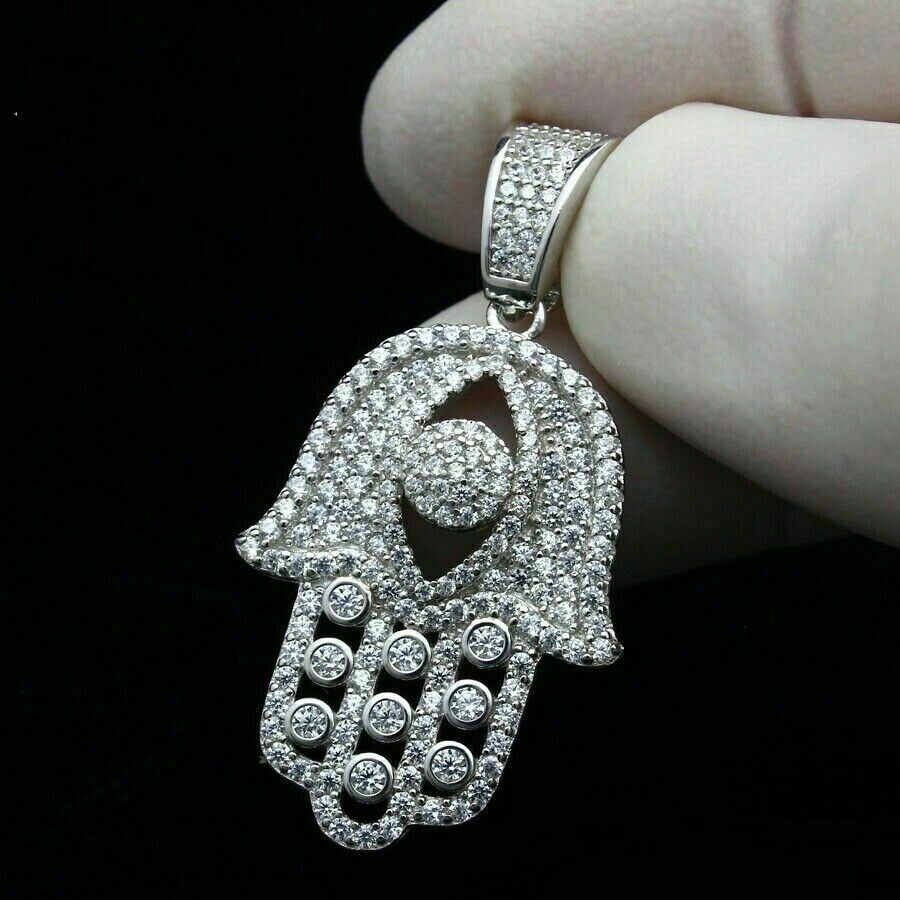 3.00 Ct Round Cut Moissanite Evil Eye Hand Pendant Gift 925 Sterling Silver