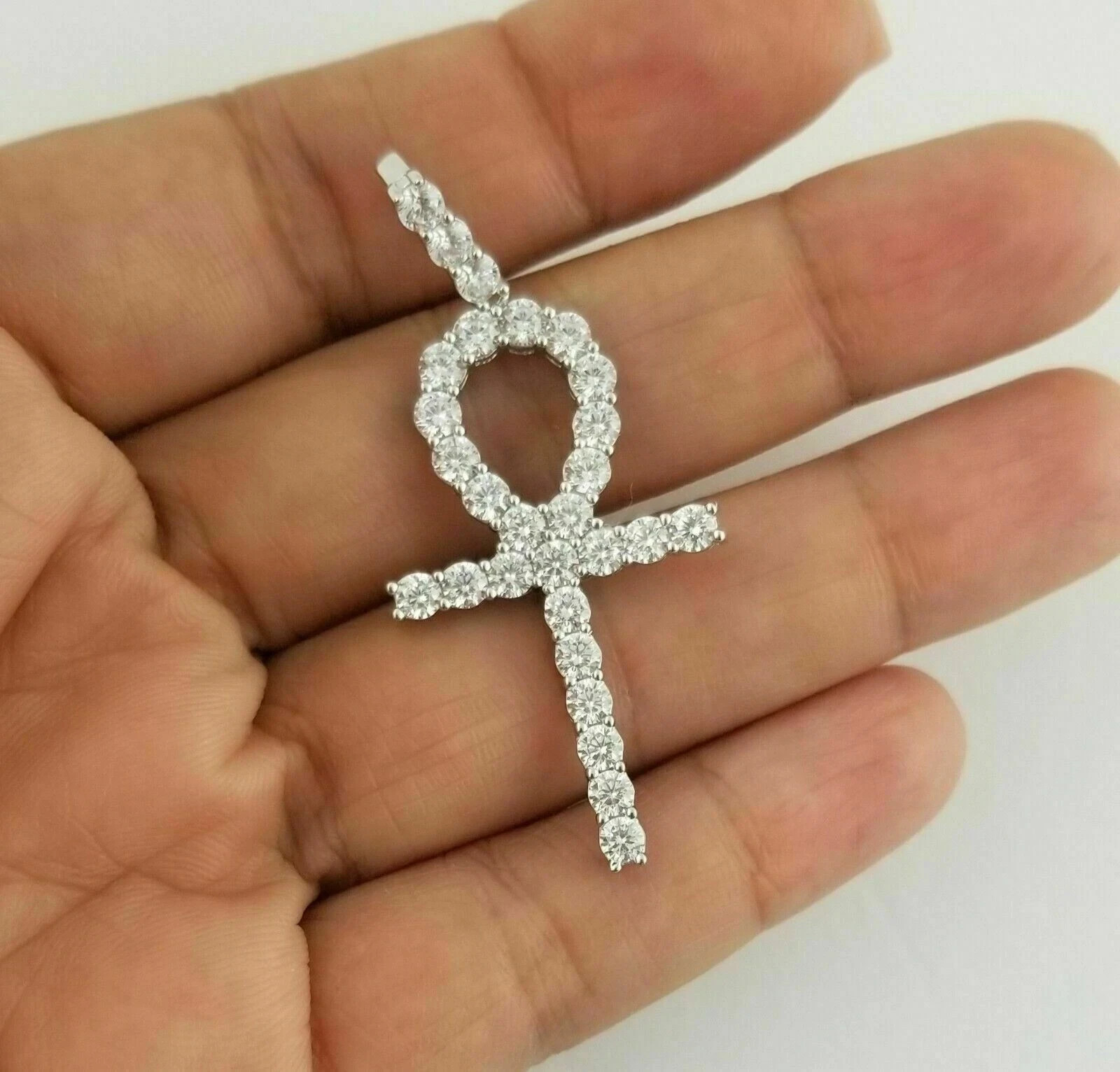 2Ct Round Cut Real Moissanite Ankh Cross Pendant 14K White Gold Plated 18″ Chain