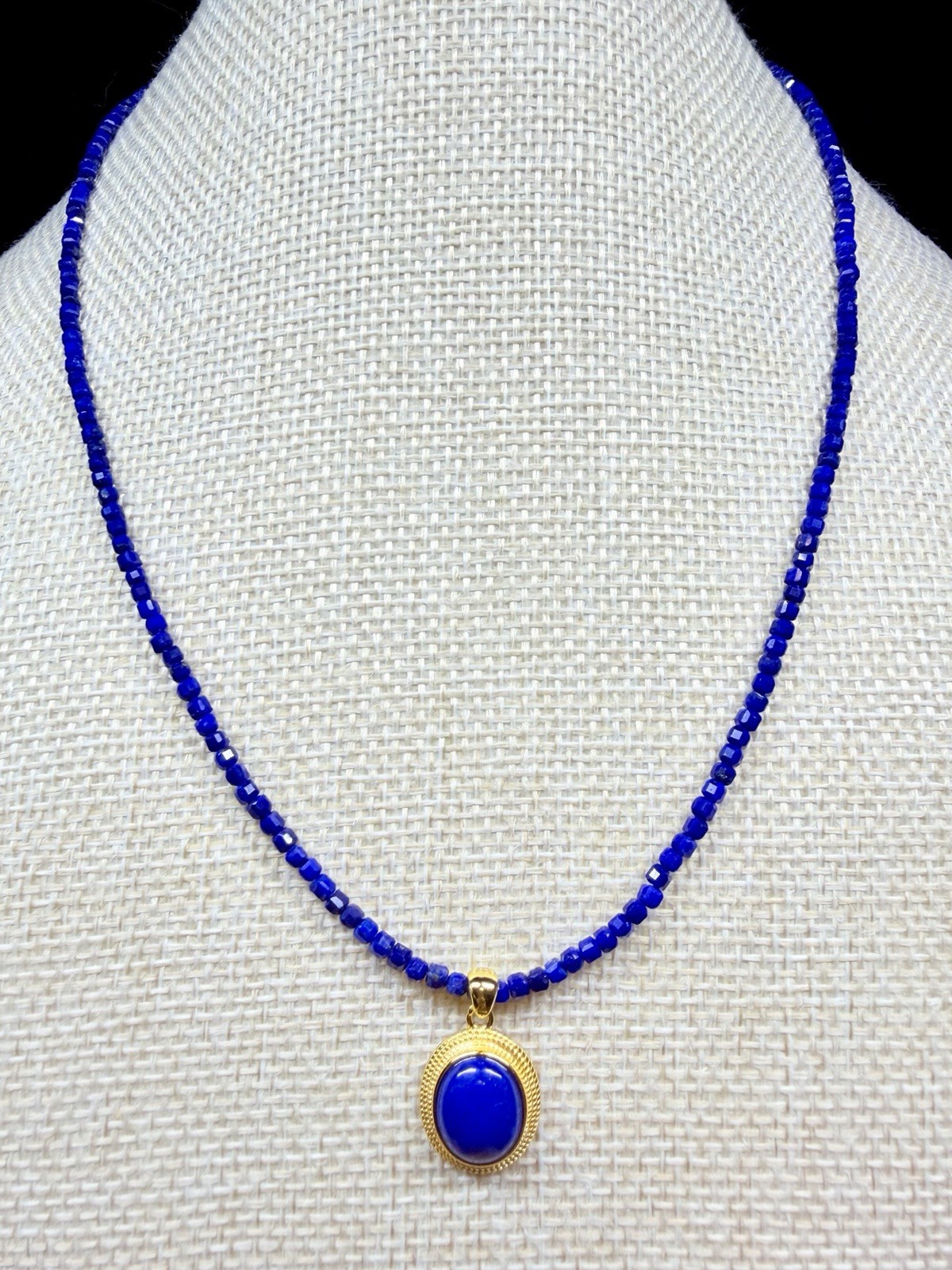 Premium Lapis Lazuli Beaded Necklace Oval Bezel Charm Pendant 925 Sterling