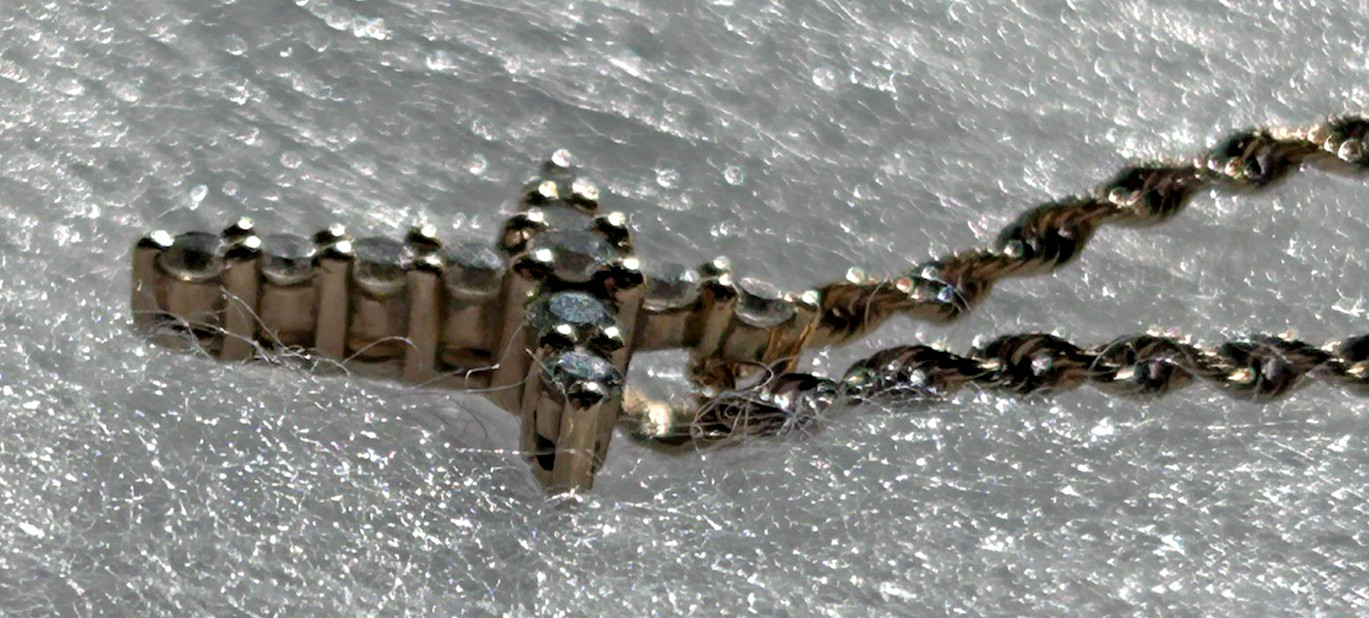 14 Karat Gold Diamond Cross Pendant & Chain Stamped 14K With IGI Summary Report