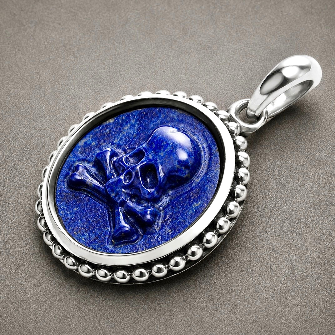 Lagos Men’s Sterling Silver 925 Lapis Anthem Circle Skull & Crossbones Pendant