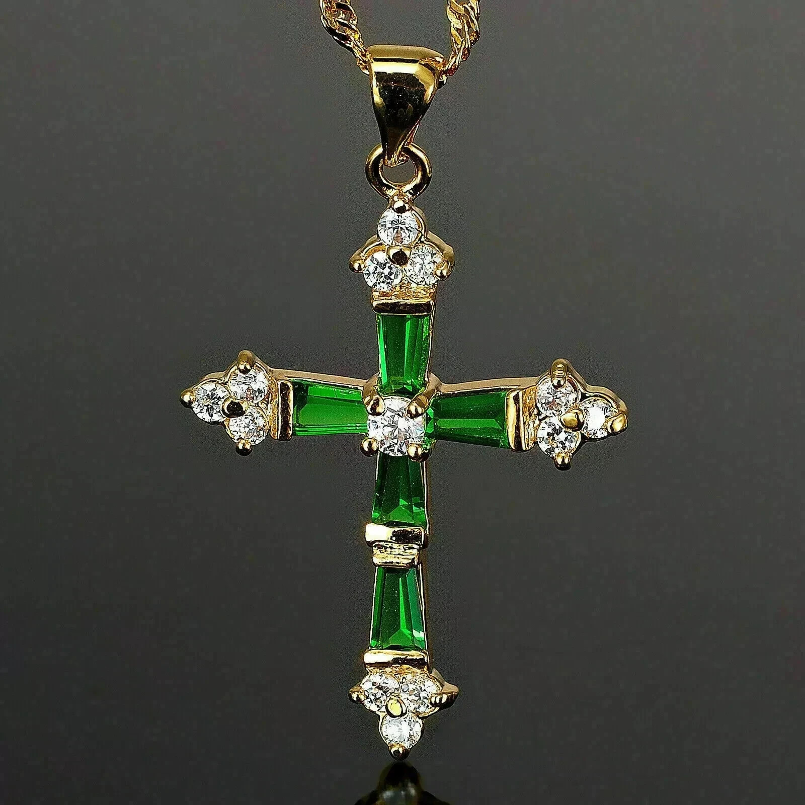 2CT Baguette Cu Lab-Created Emerald Diamond Cross Pendant 14K Yellow Gold Plated
