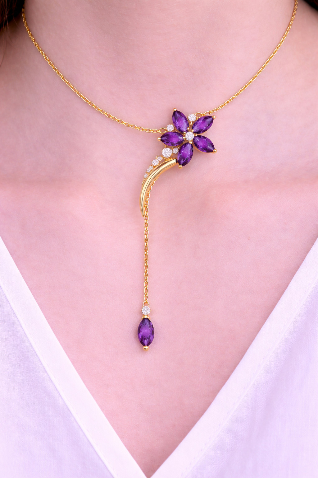 3Ct Lab-Created Amethyst Side Flower Lariat Necklace 14K Yellow Gold Plated