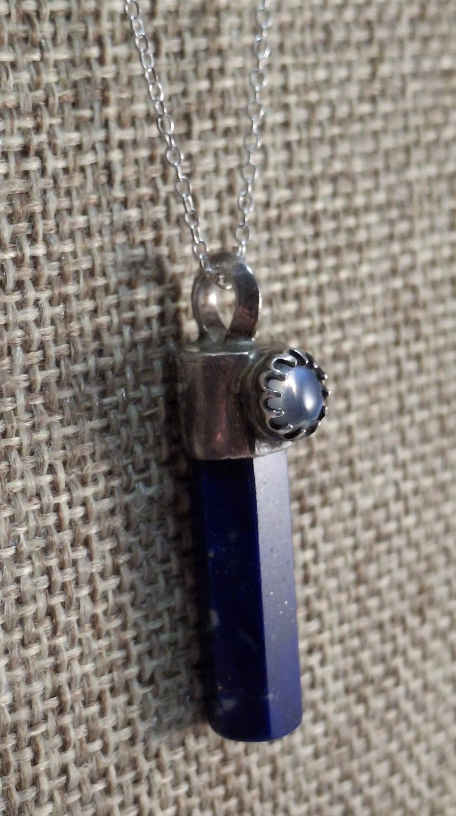 Vintage Sterling Silver Deep Blue Lapis Lazuli Point Moonstone Pendant Necklace