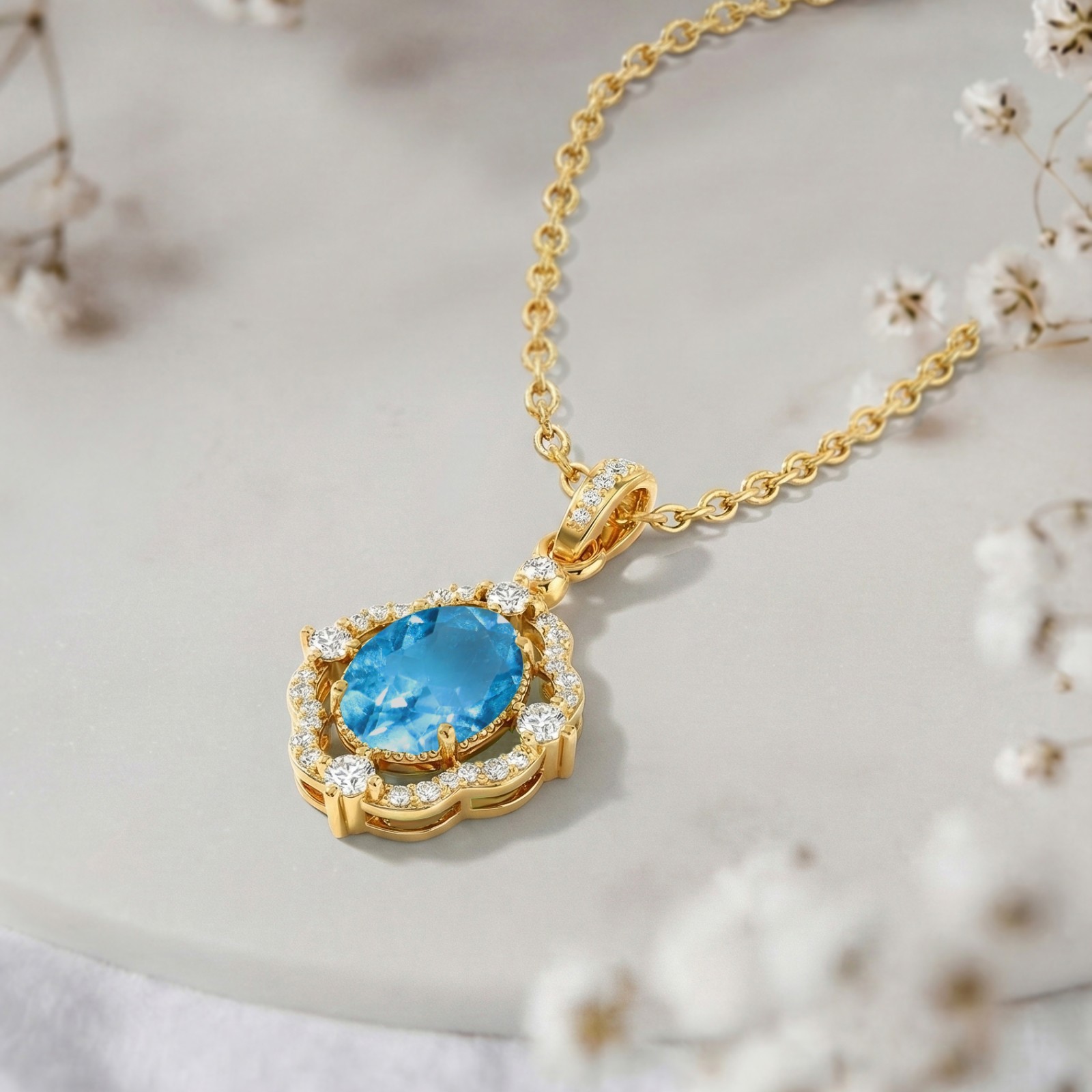 Blue Topaz Necklace, Blue Topaz Halo Pendant with Diamonds, Gift For Her