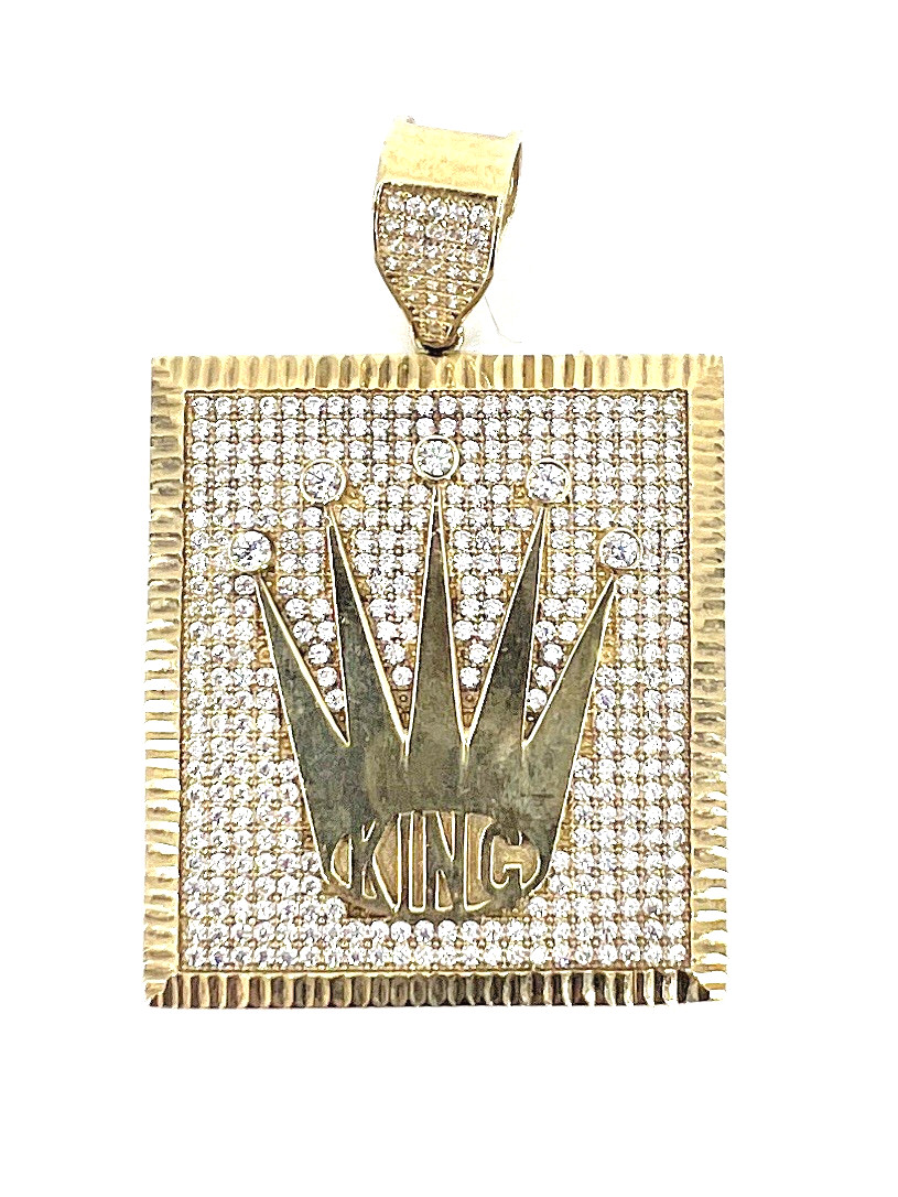 10K Yellow Gold Solid King Crown Pendant CZ Pave Square Frame Heavy Men’s OroAu