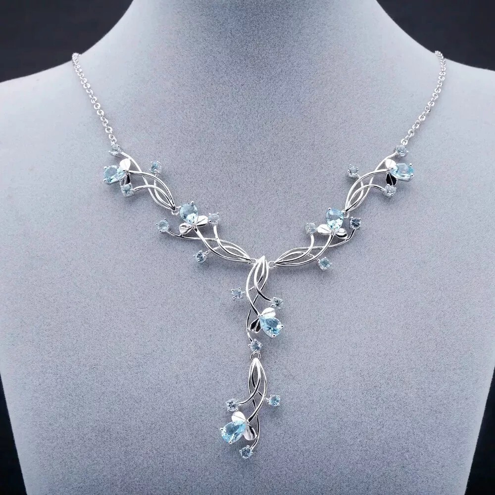 Natural 7.89Ct Sky Blue Topaz Gemstone 925 Sterling Silver Bridal Necklace