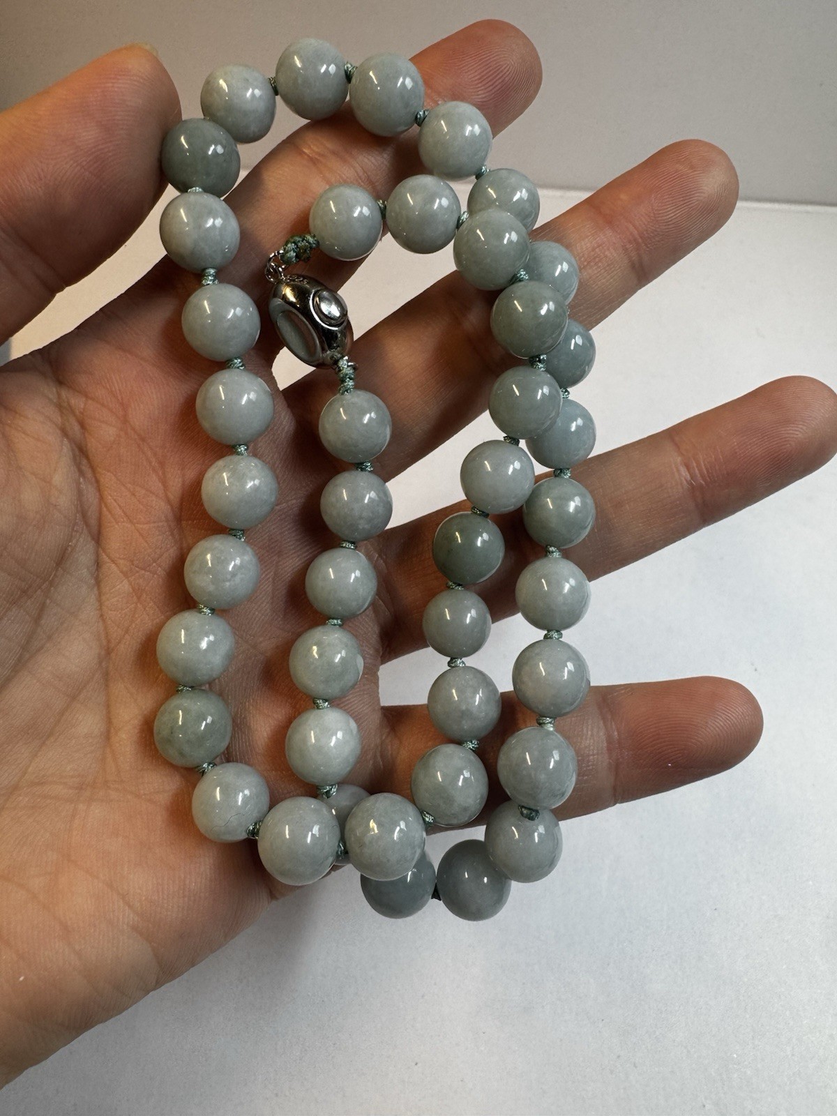 9mm blue jadeite Jade Round beaded necklace 925 sterling silver clasp new