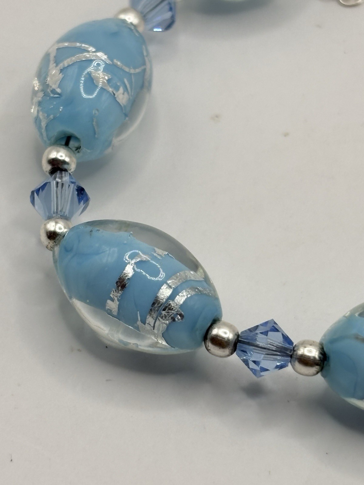 FAS 925 Sterling Silver Chain Necklace Clear & Baby Blue Glass Beads 17.5-21 In