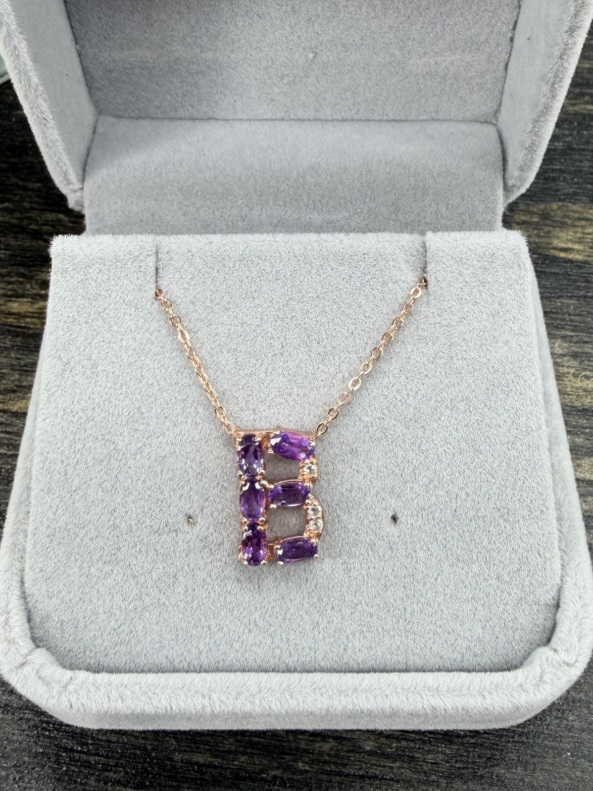 Stunning Natural Purple Amethyst Initial B 18K Rose Gold Pendant/Necklace 20 in