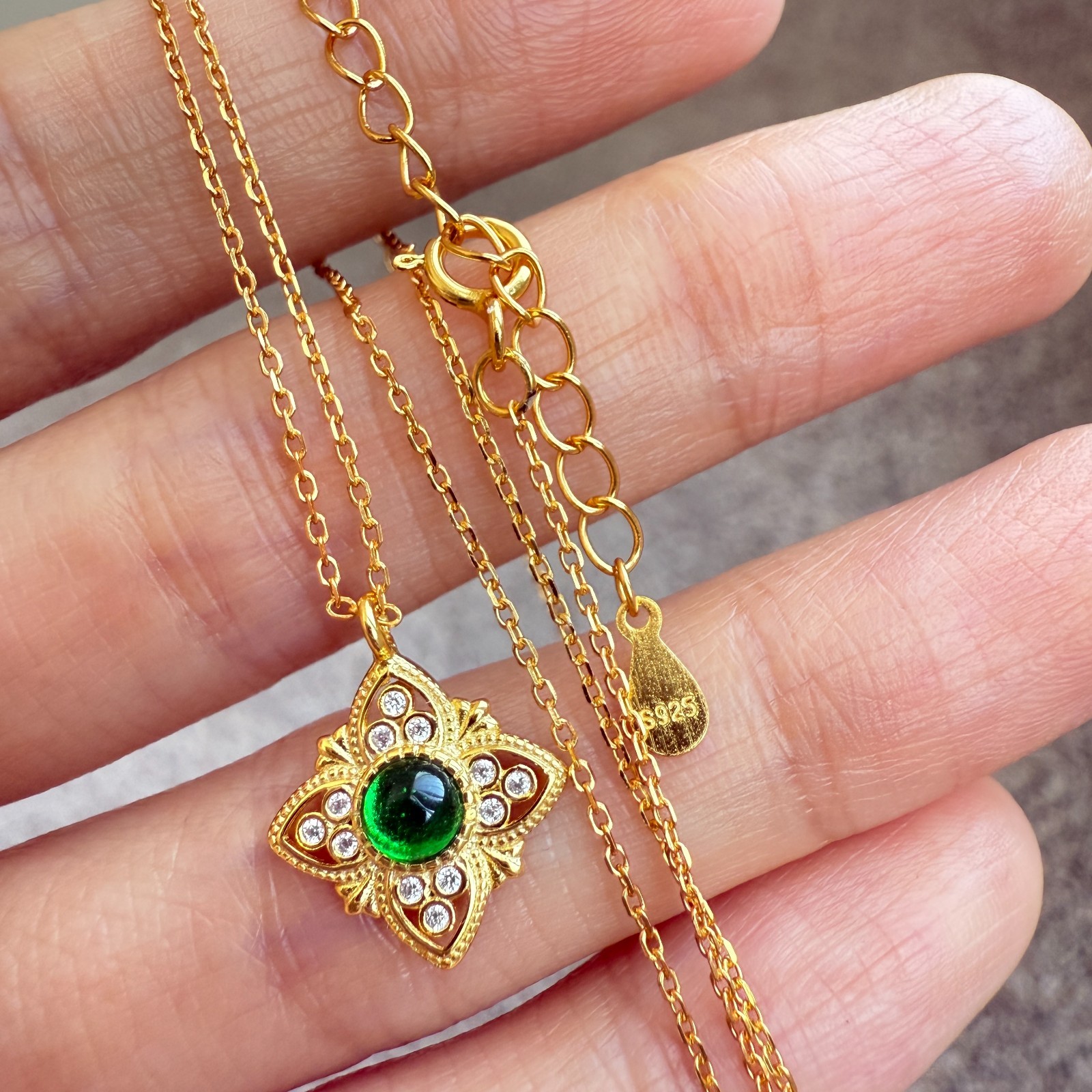 925 Sterling Silver Necklace 4mm Natural Emerald Zircon Gemstone Flower Jewelry