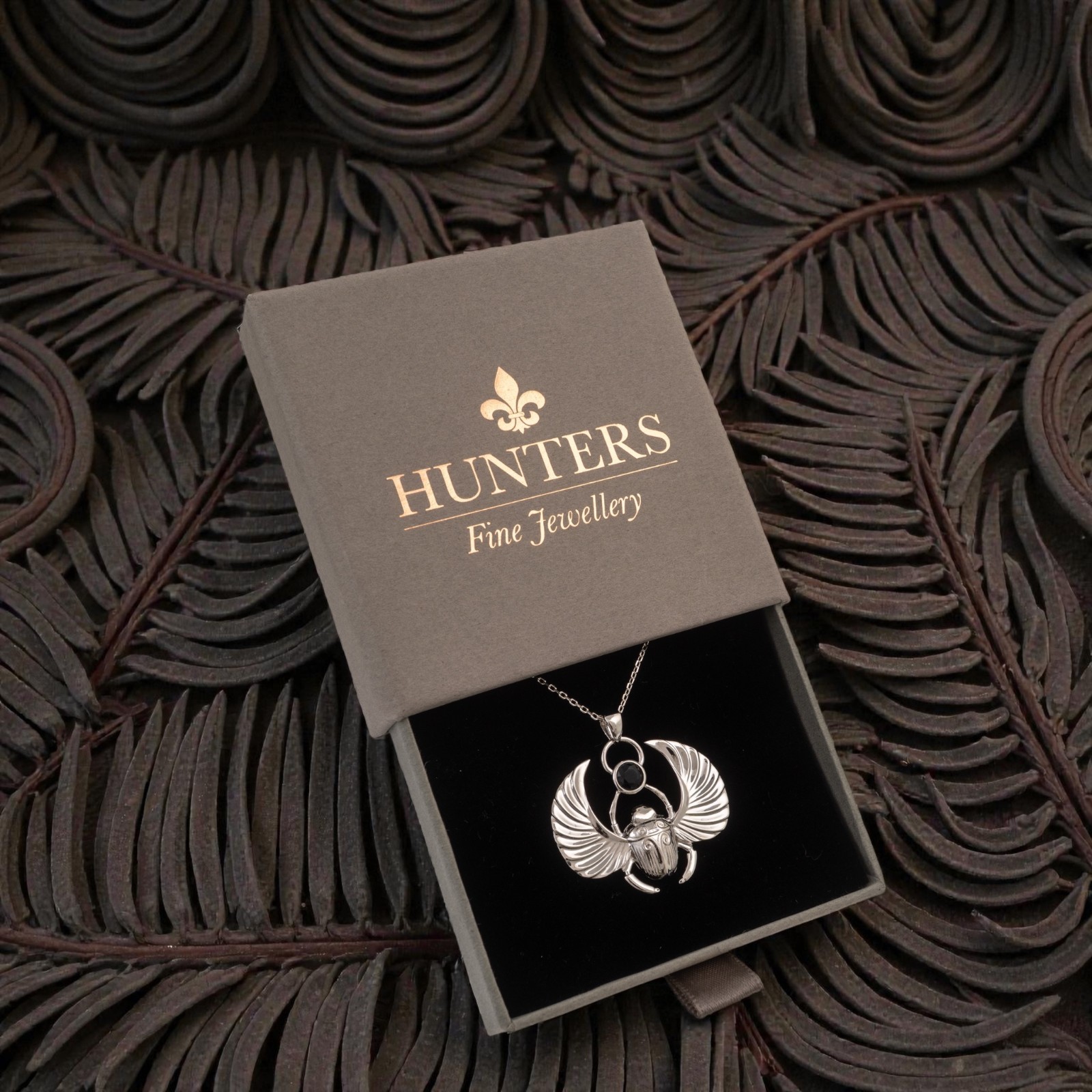 Scarab Necklace Sterling Silver Winged Scarab Black Onyx Egyptian Hallmarked