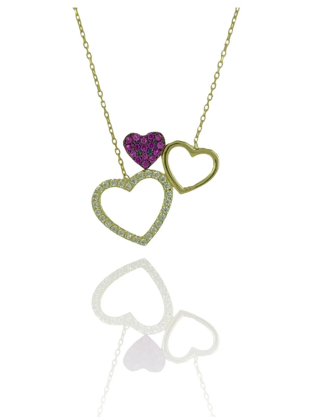14K Yellow Gold Plated Diamond 3 Heart Pendant 2Ct Round Cut Lab Created Women’s