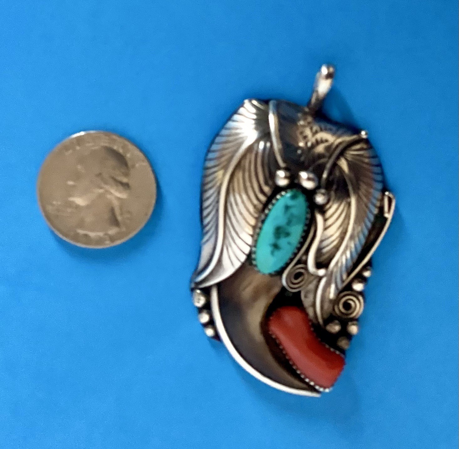 Vintage Navajo Sterling silver Natural Turquoise Red Coral Pendant signed