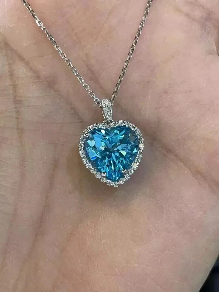 3Ct Heart Cut Lab Created Blue Topaz Diamond Halo Pendant 14k White Gold Plated