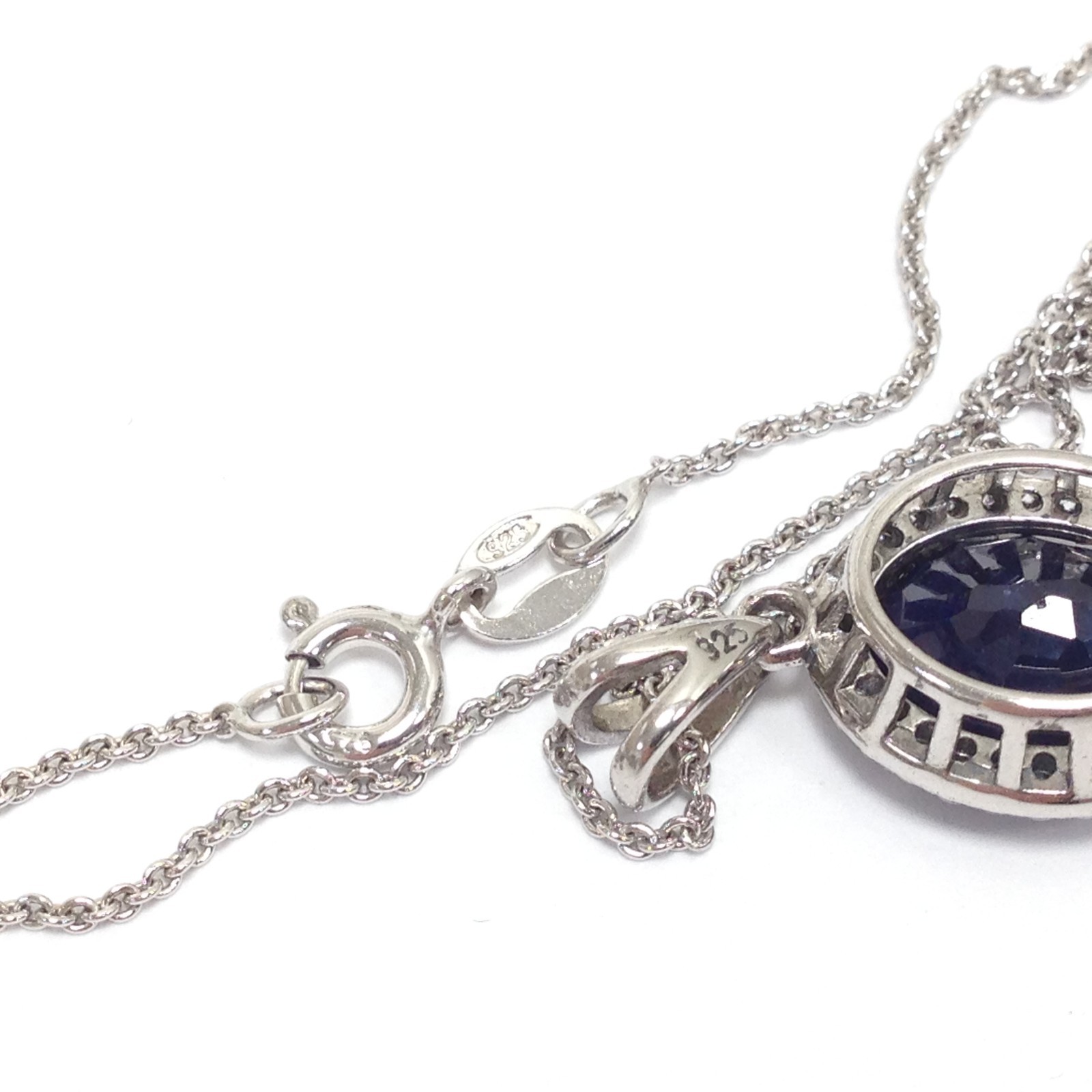 Unsigned 925 Sterling Silver Dark Blue Stone Pendant Necklace 16″ & 17″ Jewelry