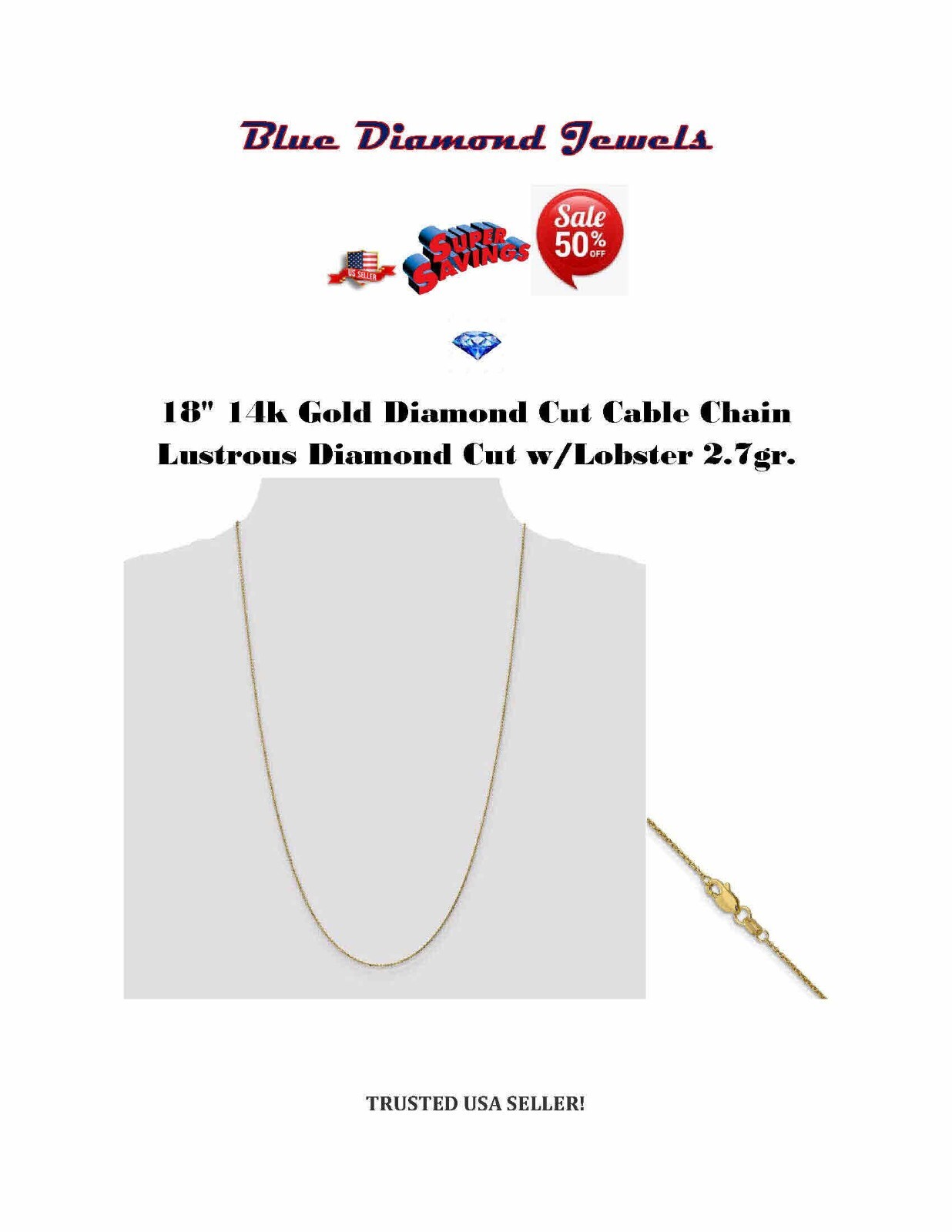 18″ 14k Gold Cable Chain Lustrous Diamond Cut-Lobster 2.7gr TRUSTED USA SELLER