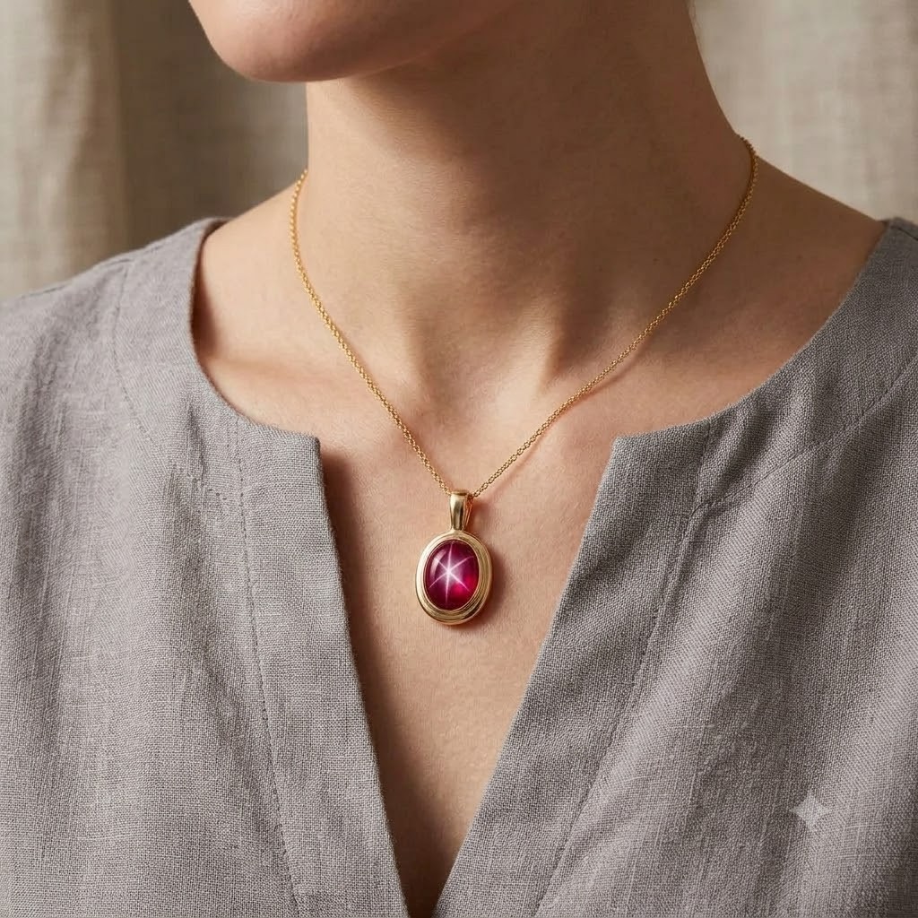 Red Star Sapphire Pendant Oval Gemstone 925 Sterling Silver Six Ray Gemstone