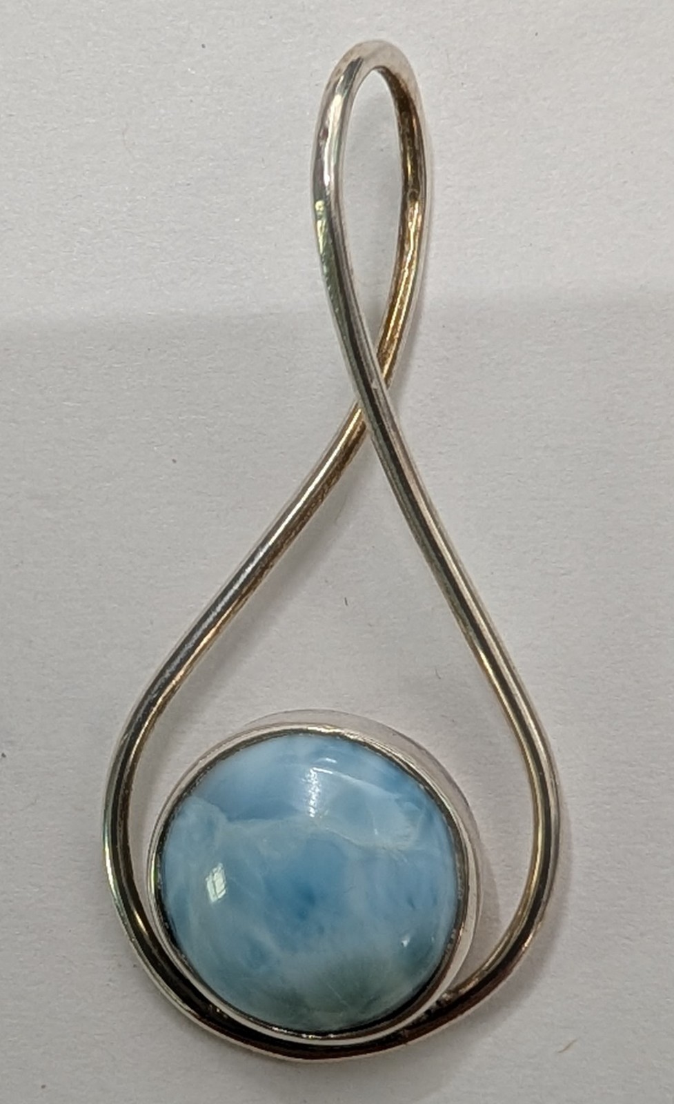 Sterling Silver Larimar Pendant Blue Round Cabochon Freeform Teardrop 1.75″