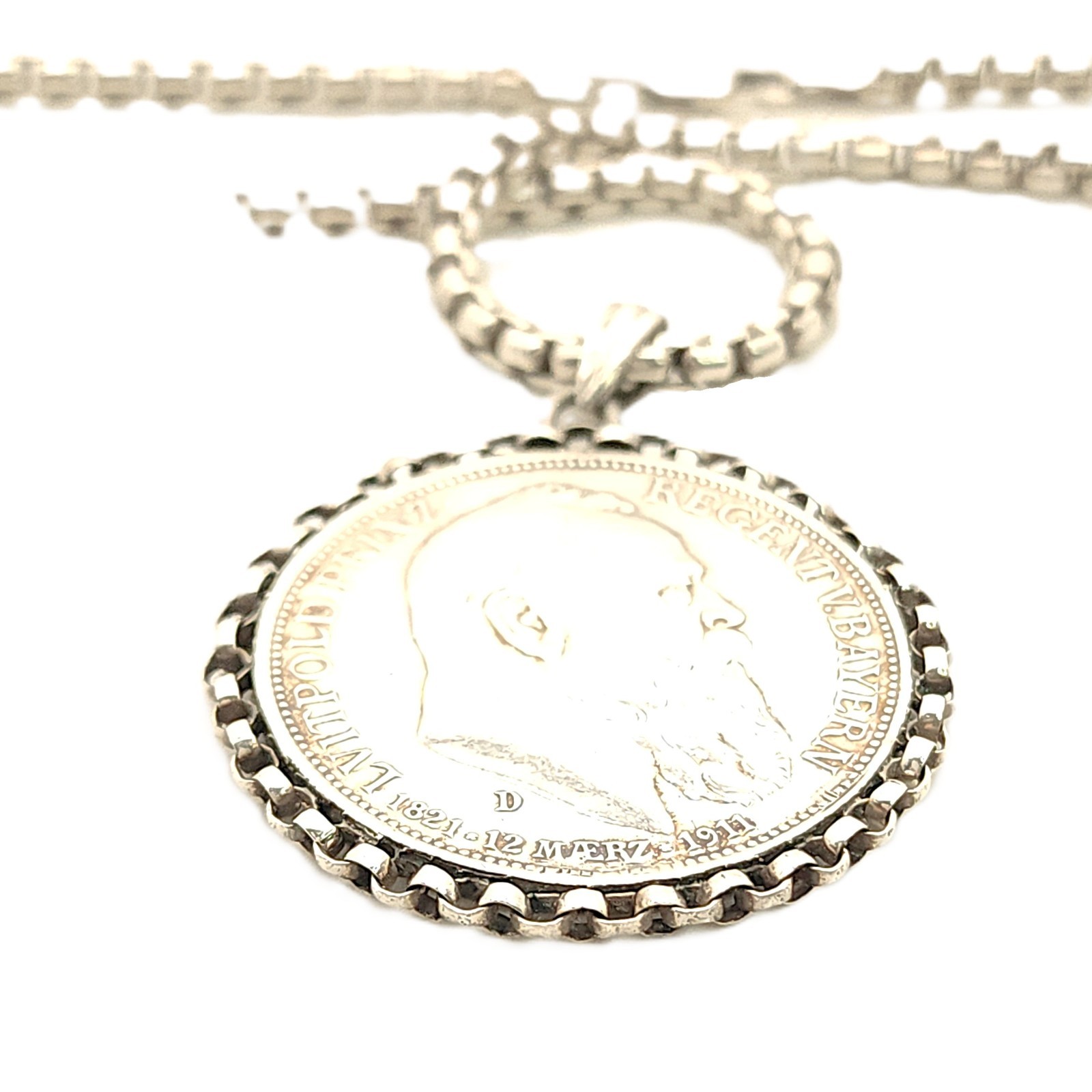 Sterling Silver Rounded Box Chain with 1911-D German Empire 3 Mark Pendant- 