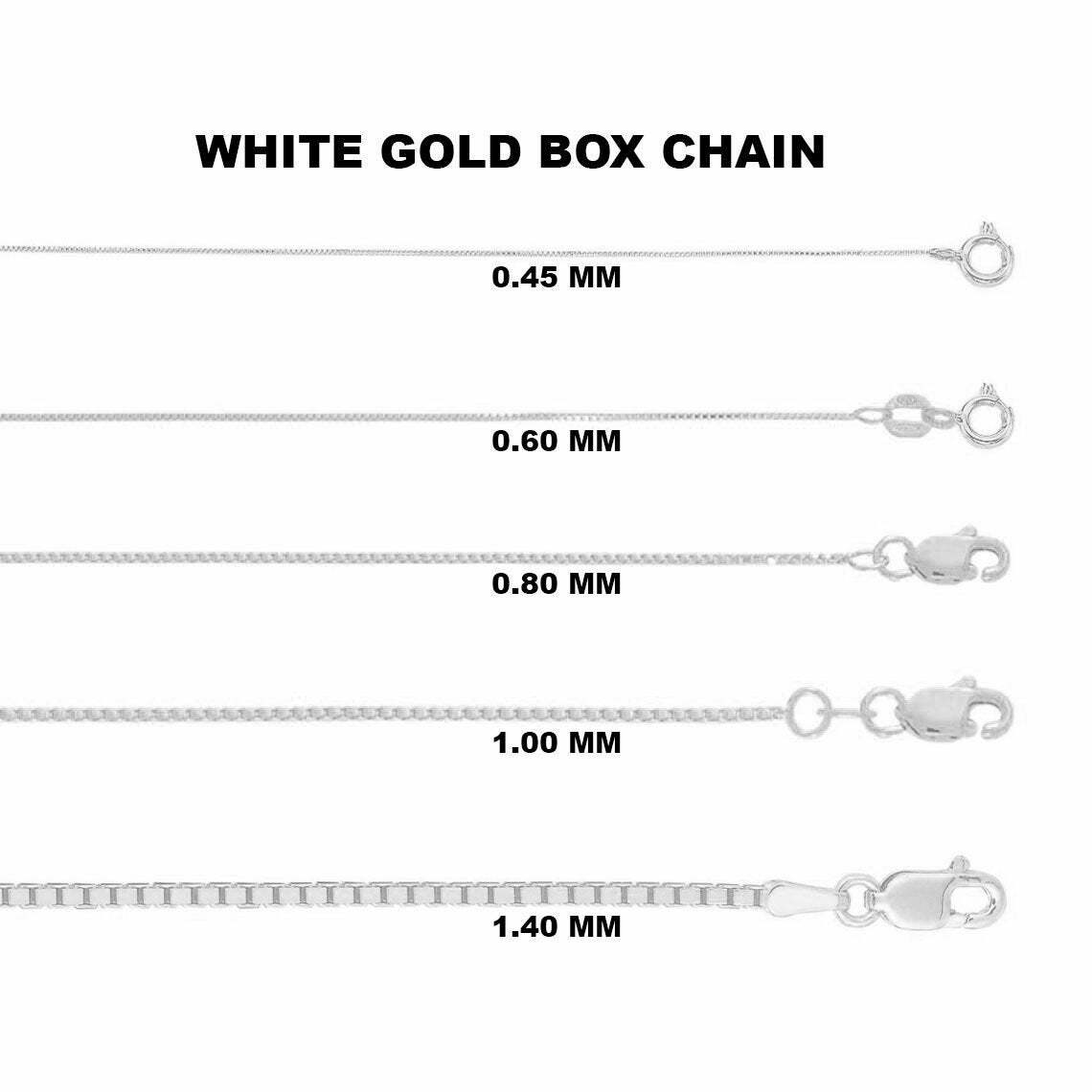 10K Solid White Gold Box Chain Necklace, 16″ To 24″ Inch, 0.5mm To 1.0mm Thick