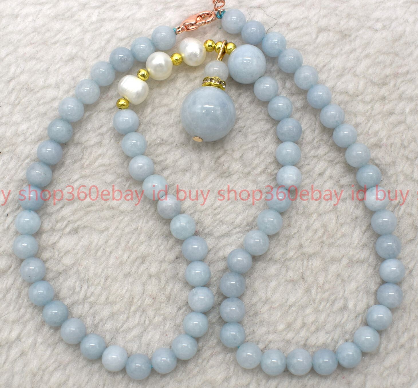 Natural 6mm Blue Aquamarine Round Gems Bead White Pearl Pendant Necklace 16-32in