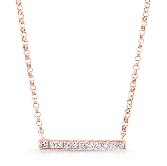 14k Rose Gold Diamond Bar Pendant Necklace Natural Round Cut 0.17 CT Womens