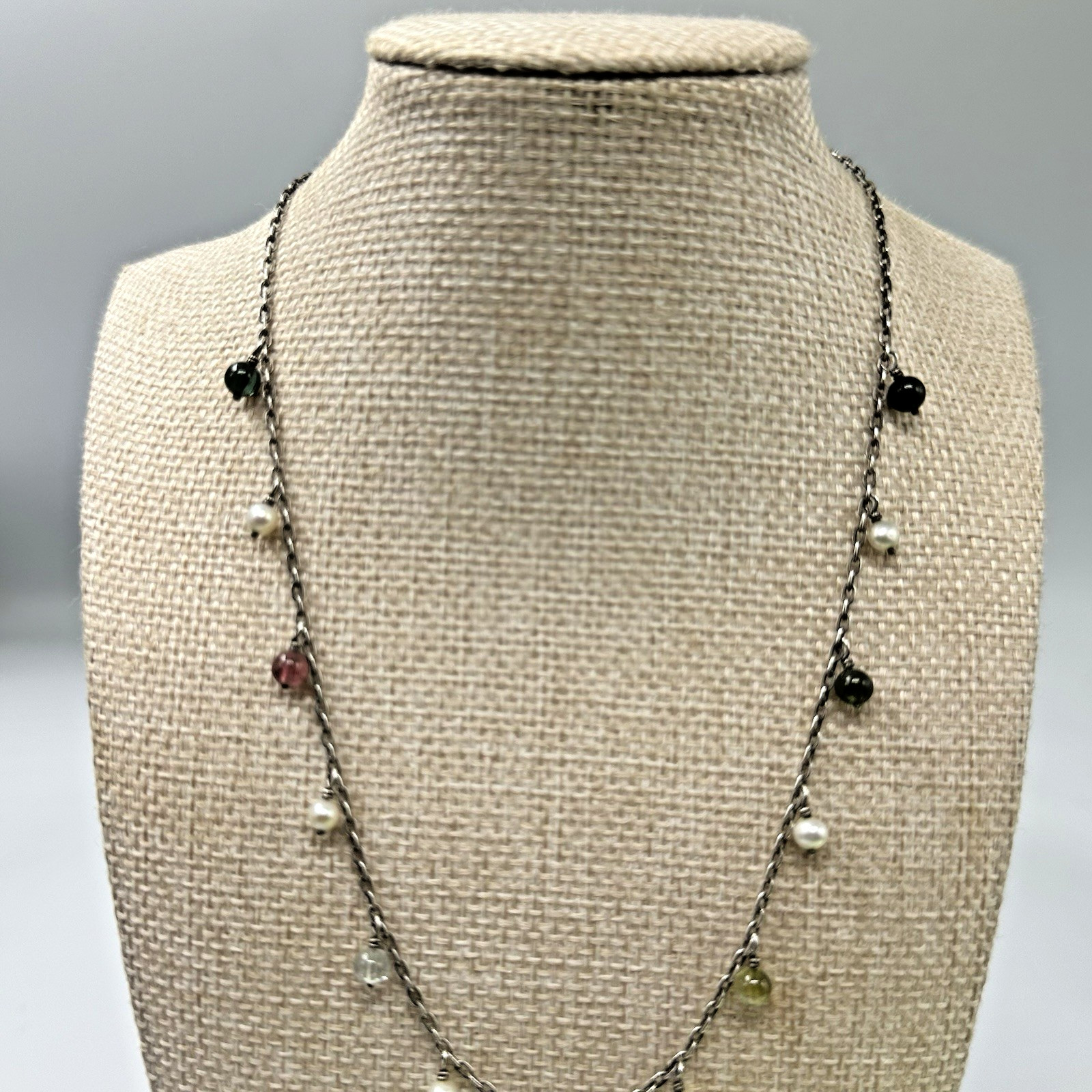 Sterling Silver Mixed Gemstone Pearl Station Necklace Dangling Multicolor Beads