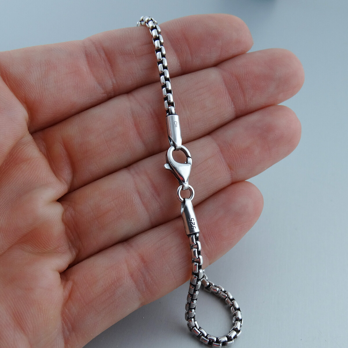 2.5mm Oxidized Round Box Chain – 925 Sterling Silver – Antiqued Darkened Mens