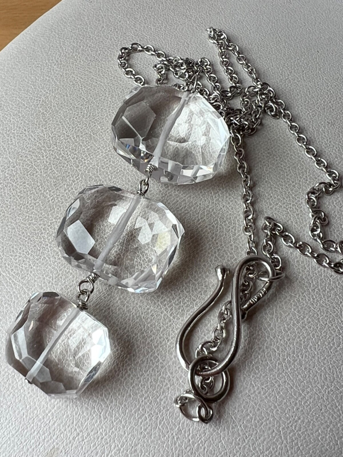 ARTISAN ROCK CRYSTAL CLEAR COLORLESS QUARTZ LONG NECKLACE 925 STERLING DESIGNER