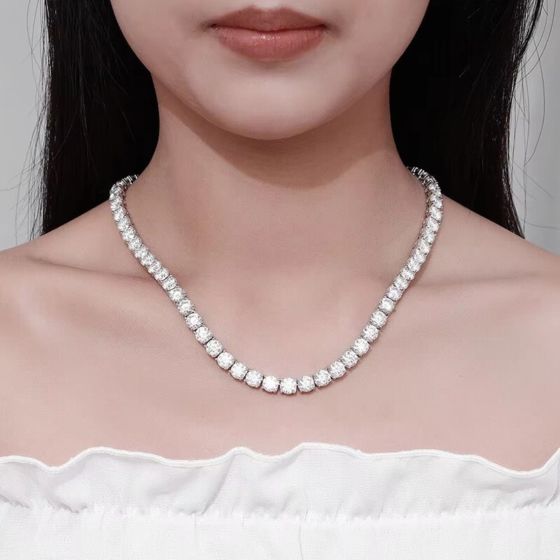 6.5mm Round Real Moissanite Tennis Necklace Hip Hop 925 Sterling Silver Chain
