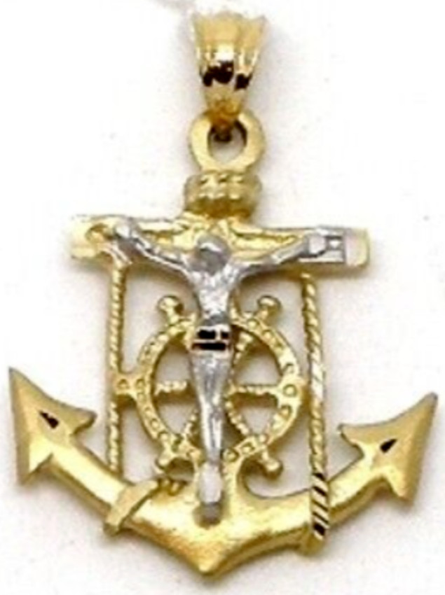 14k Multi-Tone Gold Jesus Christ Anchor Crucifix Pendant 29mm x 21mm