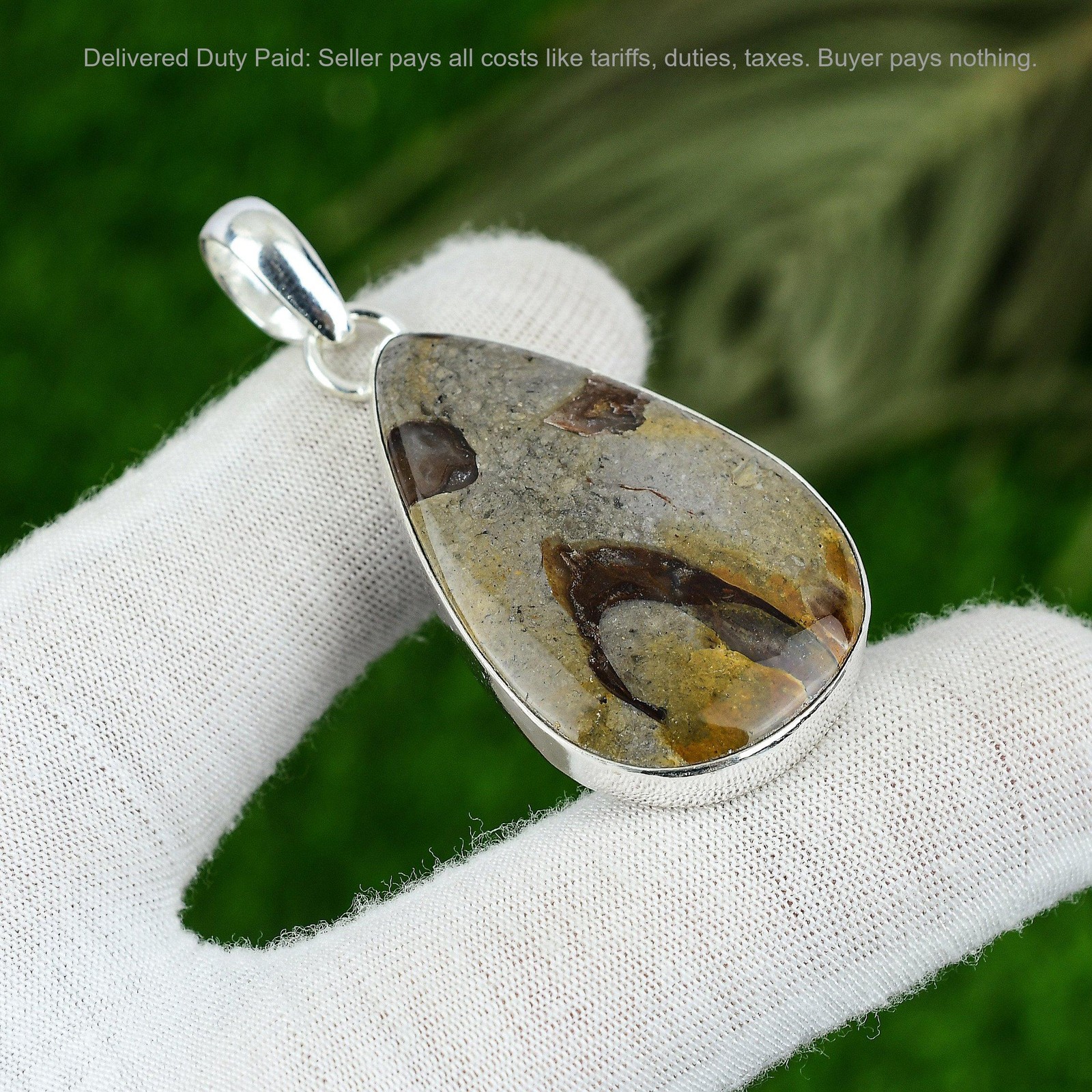 925 Sterling Silver Rock Calci Stone Bezel Unique Handcrafted Pendant Jewelry