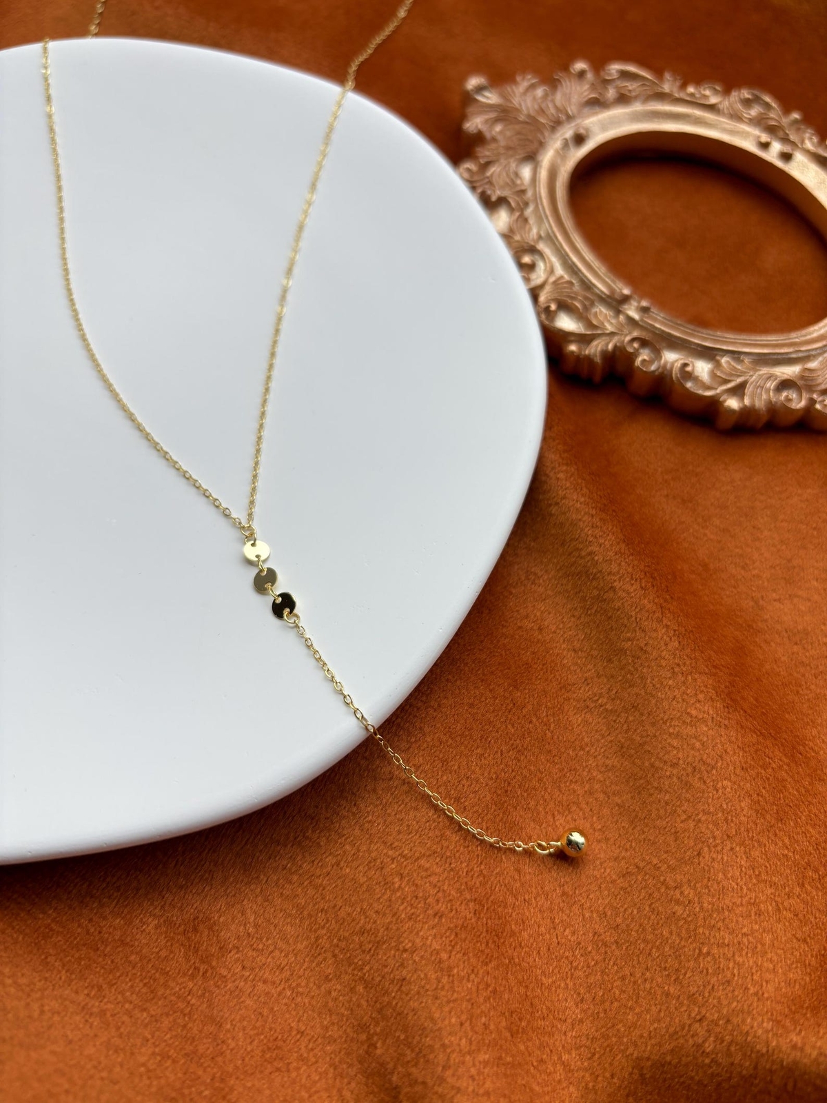 14K Gold Plated S925 Sterling Silver Chain Y Lariat Necklace Sequin Bead Pendant